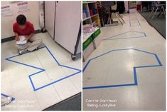 two pictures of a man sitting on the floor in front of a refrigerator with blue tape