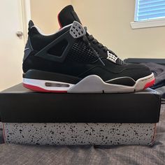 These Are My Jordan 4’s Bred’s I’ve Only Worn Them About 3 Times I Really Love These Shoes But Money Is Tight Right Now And I Have To Let Go Of Some Of My Collection But These Shoes Are In Great Condition And Who Ever Gets Them Will Love Them If You Want Anymore Pictures Of Have Anymore Questions Feel Free To Send Me A Message Thank You Jordan 4 Laser Black Gum, Jordan 4’s Millitary Black, Jordan 4 Shelf, Black Air Jordan 4 With Red Sole And Leather, Casual Black Air Jordan 4 With Red Sole, Black Vapormax, Bred 4s, Retro 4s, Jordan 1 Red