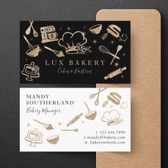 the business card is designed to look like it has baking related items on it and gold foil