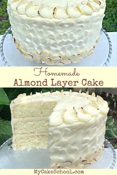 a cake with white frosting is cut in half and has the words homemade almond layer cake on it