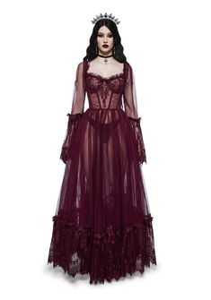 Draculas Bride Costume, Long Witchy Dress, Vampire Ball Costume, Gothic Witch Costumes Victorian Goth, Vampire Goth Outfits Dresses, Plus Size Red Lace Dress, Red 1700s Dress, Goth Burlesque Outfit, Gothic Burgundy Dress