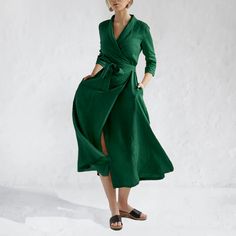 Details Season: Spring/Autumn/WinterOccasion: LeisureThickness: MediumElasticity: ConventionalSleeve: Long SleeveSize: S/M/L/XL/2XL/3XL Model Gabriele is 5’11” (180 cm), wearing a size M Please Reference the size base on your daily size , The Shape of this dress is wrap so can be adjusted a bit Size Chest Length Hip Waist cm inch cm inch cm inch cm inch S 84 33.07 130 51.18 92 36.22 66 25.98 M 88 34.65 131 51.57 96 37.80 70 27.56 L 92 36.22 132 51.97 100 39.37 74 29.13 XL 96 37.80 133 52.36 104 Non-stretch Collared Dress For Fall, Collared Green Midi Dress For Fall, Green Collared Midi Dress For Fall, Green Long Sleeve Midi Dress For Work, Fall Winter Dresses, Medium Dress, Dress Store, Linen Women, Linen Clothes