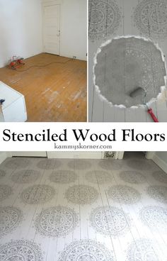 the floor is being painted with stenciled wood floors in this photo collage