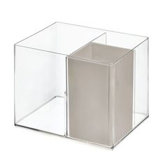 a clear box with a square opening on the front and bottom, is shown against a white background