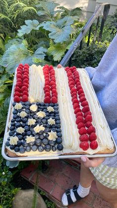 a person holding a cake decorated in the colors of the american flag with raspberries and blueberries on it