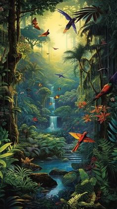 a painting of birds flying over a waterfall in the jungle