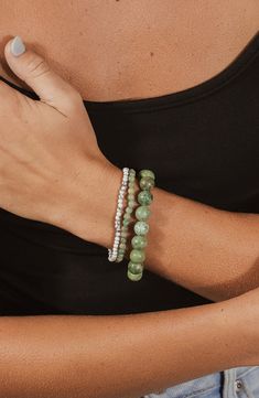 Bring a pop of color to your wrist stack with this trio of stretch bracelets that are strung with eye-catching beads. Pack of three bracelets Jade/howlite Imported Stackable Green Beaded Bracelets, Everyday Green Stretch Bracelet With 8mm Beads, Wrist Stack, Wrist Stacks, Kids Uggs, Clutch Pouch, Fall Accessories, How To Make Shoes, Pop Of Color