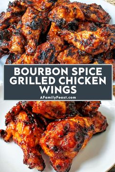 bourbon spice grilled chicken wings on a white plate with text overlay that reads bourbon spice grilled chicken wings