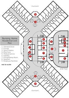 the floor plan for an office building with several areas marked out in red and white