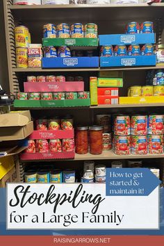 a store shelf filled with lots of food and labeled stocking for a large family