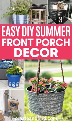 DIY summer porch decor and patio decorating ideas. Deck Flowers Ideas, Front Porch Ideas Diy, Small Front Porch Decor, Outside Decor Ideas, Front Porch Flower Pots, Summer Porch Signs, Potted Plants Patio, Summer Front Porch Decor