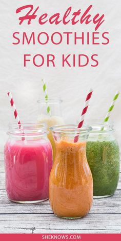 three jars filled with different colored smoothies