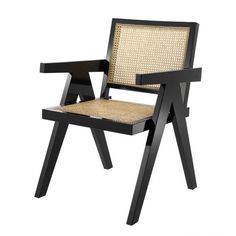 a black chair with woven seat and back