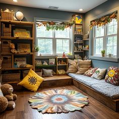 a living room filled with lots of furniture and decor on top of hard wood floors