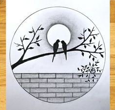 a drawing of two birds sitting on a tree branch with the moon in the background