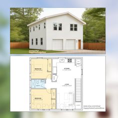 the floor plan for a two story house with an attached garage and living room area