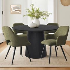 Edwin 46" Black Table & Edwin Armchair Dining Room With Green Chairs, Circle Dining Room Table, Dc Townhouse, Black Dining Set, Black Dining Room Table, Black Round Dining Table, Round Dining Table Set, Dining Table Set For 4, Green Chairs