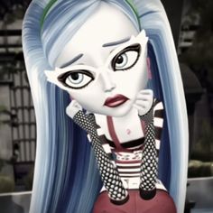 an animated image of a woman with long blue hair and piercings on her ears