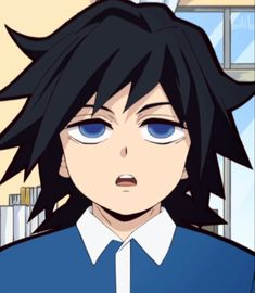 an anime character with black hair and blue eyes