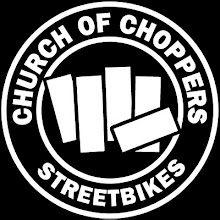 the church of choppers streetbikes logo is shown in white on a black background