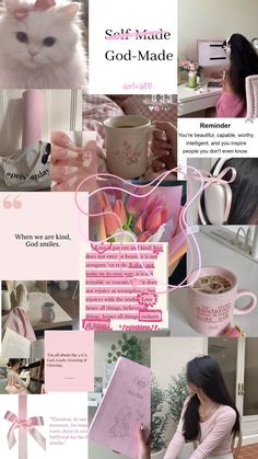 a collage of photos with pink and white items in the background, including a cat