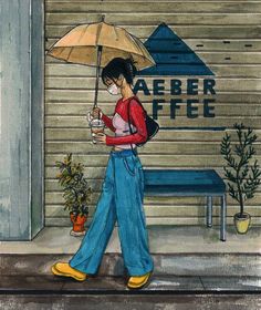 a drawing of a woman walking down the street with an umbrella in her hand and wearing a face mask