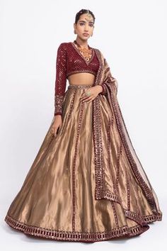 Shop for Vvani by Vani Vats Brown Tissue Embroidered Lehenga Set for Women Online at Aza Fashions