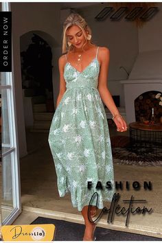 Casual Green Sling Print Women Dress Summer Sexy V-neck Holiday Style Maxi Dress Elegant High-waist Lace-up Ruffle Dress V-neck Sundress Suspender Dress For Brunch, Fitted V-neck Suspender Sundress, Summer V-neck Maxi Dress With Straps, Beach Sundress With V-neck Suspender, Casual V-neck Suspender Dress For Vacation, Chic V-neck Maxi Dress With Straps, Green V-neck Suspender Dress For Summer, Fitted Summer Suspender Dress With V-neck, Green V-neck Dress With Straps