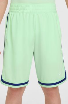 Ready to play in any activity, these lined athletic shorts wick away sweat and sport handy pockets to hold your young athlete's gametime essentials. 7 1/2" inseam; 20" leg opening; 10 1/2" front rise; 12 1/2" back rise (size medium) Elastic/drawstring waist Front slant pockets; side-seam zip pocket Lined Dri-FIT moisture-wicking technology 100% polyester Machine wash, dry flat Imported Nike Sportswear Shorts For Sports Events, Nike Moisture-wicking Shorts For Sports Events, Green Training Shorts With Elastic Waistband, Team-colored Moisture-wicking Sportswear Shorts, Nike Athleisure Athletic Shorts For Sports Events, Casual Team-colored Sports Shorts, Athleisure Moisture-wicking Team-colored Shorts, Green Sporty Training Shorts, Green Sporty Tennis Bottoms