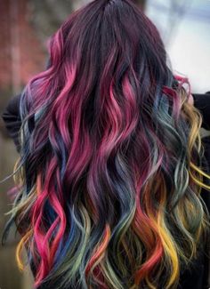 Red Rainbow Hair, Oil Spill Hair Brunettes, Fairy Hair Color, Rainbow Balayage, Unicorn Hair Color