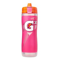 the gatorade water bottle is pink and orange