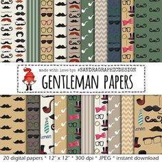 digital papers with mustaches, glasses and bow ties for the gentleman in your life