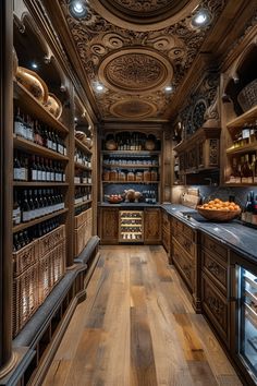 a kitchen with wooden floors and lots of shelves