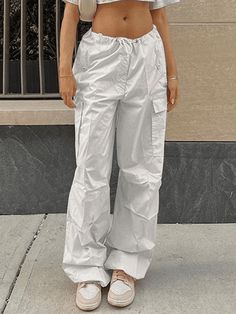 ⚡️Buy Drawstring Y2K Baggy Cargo Pants White L under $32.00 in Cargo Pants Online. Style: Casual/Street/Hip Pop/Punk/Y2K. Fabric Content: Polyester. Fit Type: Loose fit. : Sits to a stretch waist with drawstring tie detail, shaped to a super relaxed silhouette, features cargo pockets patched design, with button embellished and drawstring detail at cuffs.. ✓Free Shipping on all orders over US$69. Y2k Baggy Cargo Pants, Cargo Pants Pink, Y2k Fabric, Drawstring Detail, Baggy Cargo Pants, Y2k Baggy, Pants White, Patch Design, Pop Punk