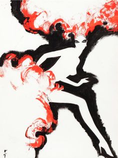 an abstract painting with red and black ink on white paper, depicting two women in flame