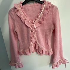 Pink Princess Ballet Frill Knit Lace Tie Front Shimmery Sequin Cardigan Princess Cottagecore, Cottagecore Pink, Romantic Princess, Lace Front Top, Light Cardigan, Sequin Cardigan, Lace Tie, Knit Lace, Crochet Inspo