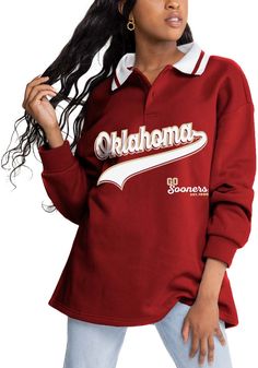 Display your Oklahoma Sooners spirit in this Oklahoma Crimson T-Shirt! This Oklahoma Happy Hour Knit Collared Long Sleeve T-Shirt makes a great layer for cooler nights cheering on the Sooners. Featuring a screen print team name on center chest, this Oklahoma Sooners Long Sleeve LS Tee is a must-have for any fan. Boomer Sooner! Collared College Style Tops, Collared Tops For College In Spring, Casual Red Top With Collared Neckline, Red Casual Top With Collared Neckline, University Red Tops For Fall, Fall College V-neck Tops, Fall College Collared Tops, Fall V-neck Tops For College, Fall Collared Tops For College