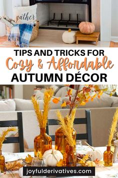 an autumn table setting with pumpkins and flowers in vases on the dining room table