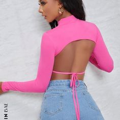 Pink Shein Going Out Crop Top! Open Back! Size Medium! Never Worn! Crop Top Rosa Outfit, Top Rosa Outfit, Crop Top Fucsia, Crop Top Rosa, Top Fucsia, Pink Long Sleeve Crop Top, Open Back Crop Top, Backless Crop Top, Top Shein