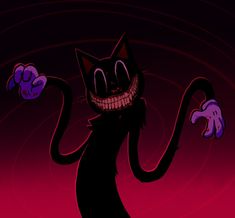 a black cat with an evil smile on it's face and hands in the air