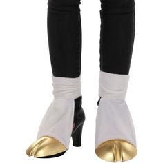 Add polish to your mythical unicorn ensemble with these Unicorn Costume Back Hooves in Gold! The easy-to-wear shoe covers fit and secure around ankles with hook-and-loop fasteners and an elastic strap that loops under your shoe. Worn with heels, boots, or flats, this simple one-size-fits-most costume accessory is sure to elevate any Halloween or playtime look! Mythical Unicorn, Cow Costume, Unicorn Halloween, Unicorn Costume, Hook And Loop Fasteners, Shoe Covers, Funny Accessories, Hook And Loop, Costume Accessories