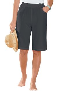 Bermudas in a slip-on design. Comfortable, fully elastic waistband. Inside leg length approx. 11 inches (misses). Cotton. Imported. Machine washable. Summer Comfort Stretch Pants With Pull-on Style, Summer Comfort Stretch Pull-on Pants, Summer Comfort Stretch Bottoms With Pockets, Comfortable Elastic Waistband Summer Bottoms, Black Slip On, Women's Bottoms, Black Slip Ons, Bottom Clothes, 11 Inches