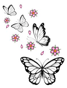 butterflies with pink flowers flying in the air