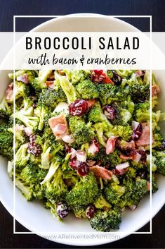 broccoli salad with bacon and cranberries in a white bowl on a table