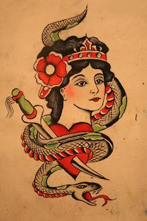 a drawing of a woman with a snake on her shoulder and a flower in her hair