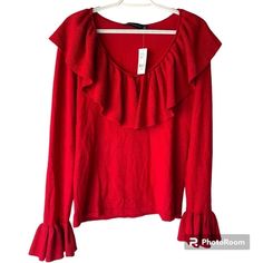 Nwt! Ny&C New York & Company Red Glitter Shimmer Ruffled Blouse Top Sweater, Sz L - Approx Chest:38", Length: 24"Inches - Rayon/Polyester/Metallic - Shimmery - Stretchable - Pull-On Closure Thank You! Winter Ruffle Top For Night Out, Ruffled Tops For Winter Night Out, Ruffled Top For Night Out In Winter, Winter Party Blouse With Ruffles, Trendy Red Winter Blouse, Winter V-neck Top With Ruffles, Long Sleeve Tops For Christmas Night Out, Red Ruffled Blouse For Fall, Red Winter Blouse For Party