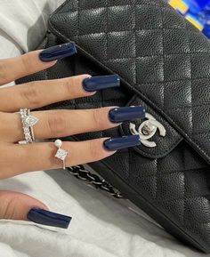 navy blue Evie Grimhilde, Blue Prom Nails, Royal Blue Nails, Green Acrylic Nails, Long Square Nails