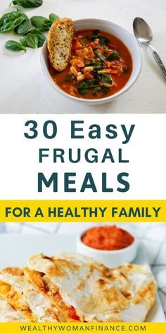 the cover of 30 easy frugal meals for a healthy family, with pictures of food