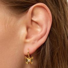 [MATERIAL]: 18K gold plated on yellow brass, needle is S925 sterling silver and is hypoallergenic. Gold Dainty Huggie Earrings, Clean Sterling Silver, Silver Butterfly, Butterfly Earrings, Jewelry Cleaner, Earrings Silver, Keep It Cleaner, Statement Earrings, Gold Filled