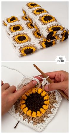 crocheted sunflowers are being worked on with yarn